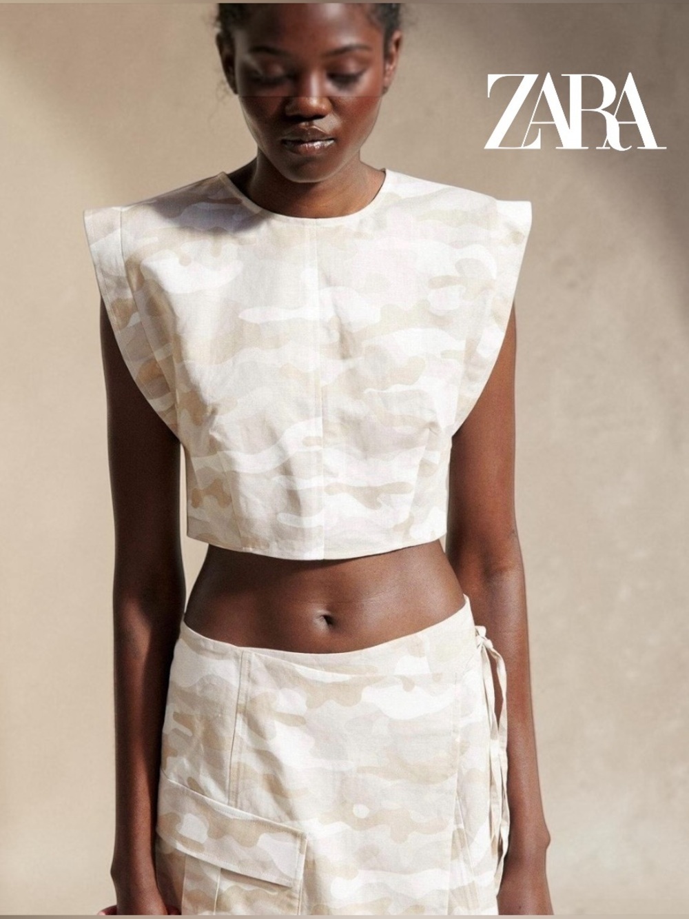 ZARA, Linen Blend Camo Crop Top, Beige, Size M, Shoulder Pad Sleeveless